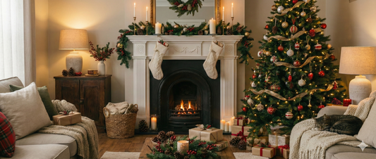 Banner de cabecera del blog con el título en texto 'Enfoque en Ambiente y Decoración navideña' sobre un fondo de hogar festivo y acogedor