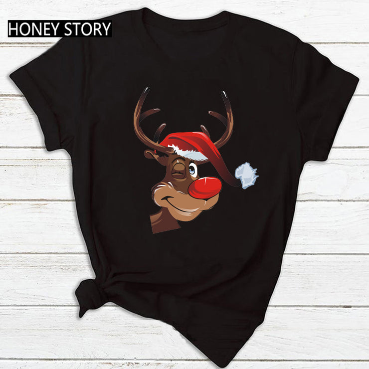 Merry Christmas T Shirt Santa Elk Men''s And Women''s Red Couple Short Sleeve Top