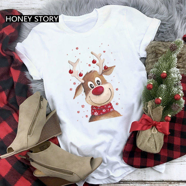 Merry Christmas T Shirt Santa Elk Men''s And Women''s Red Couple Short Sleeve Top