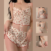 Women's Fashion Simple Strawberry Print Halter Pajamas Loungewear Shorts Set