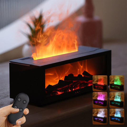 Difusor de aromas y humidificador negro con efecto de llama realista, luces LED de colores y control remoto para decoración del hogar