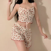Women's Fashion Simple Strawberry Print Halter Pajamas Loungewear Shorts Set