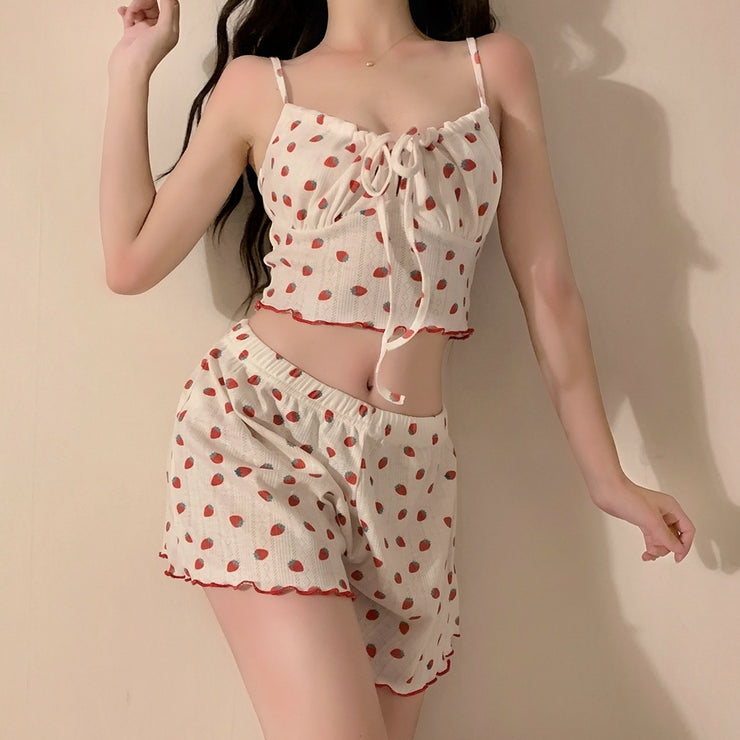 Women's Fashion Simple Strawberry Print Halter Pajamas Loungewear Shorts Set