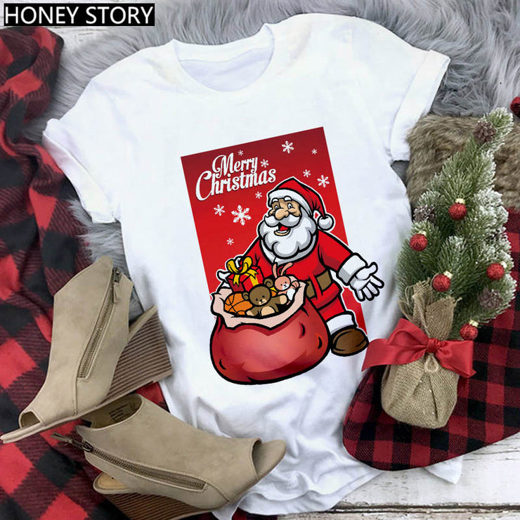 Merry Christmas T Shirt Santa Elk Men''s And Women''s Red Couple Short Sleeve Top