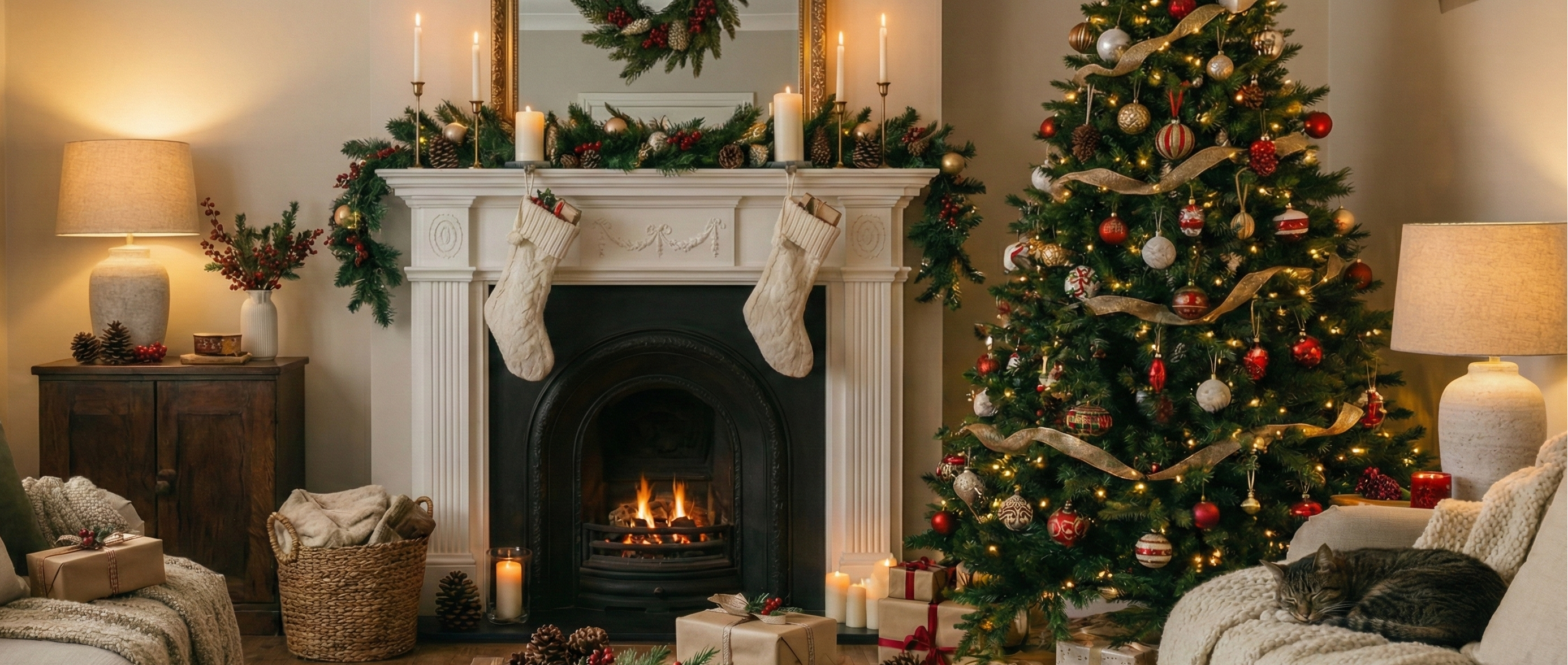 Cabecera de blog mostrando una vista panorámica de un salón acogedor decorado para Navidad. A la derecha un gran árbol iluminado con adornos rojos y dorados, en el centro una chimenea encendida decorada con guirnaldas y calcetines blancos, regalos en el suelo y un gato durmiendo en un sillón bajo luz cálida.