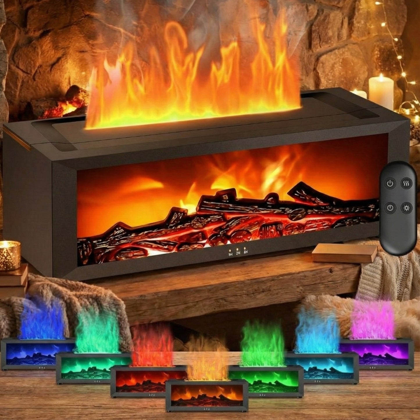 Humidificador ultrasónico tipo chimenea eléctrica con simulación de fuego y aromaterapia para aceites esenciales.