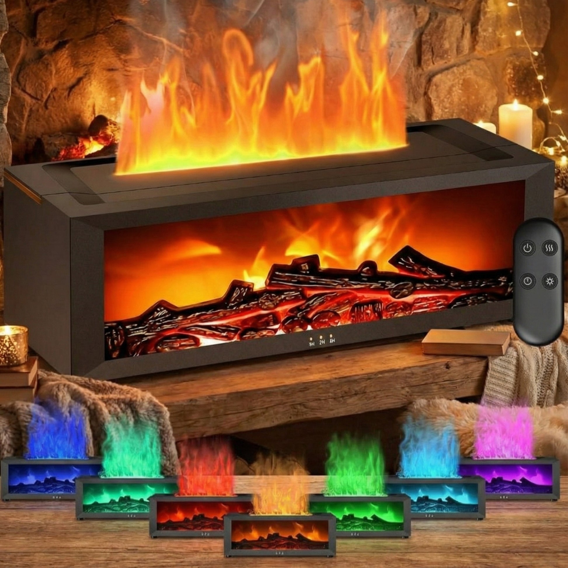 Humidificador ultrasónico tipo chimenea eléctrica con simulación de fuego y aromaterapia para aceites esenciales.