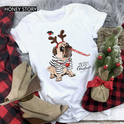 Merry Christmas T Shirt Santa Elk Men''s And Women''s Red Couple Short Sleeve Top