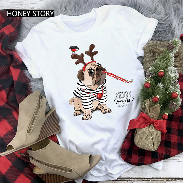 Merry Christmas T Shirt Santa Elk Men''s And Women''s Red Couple Short Sleeve Top