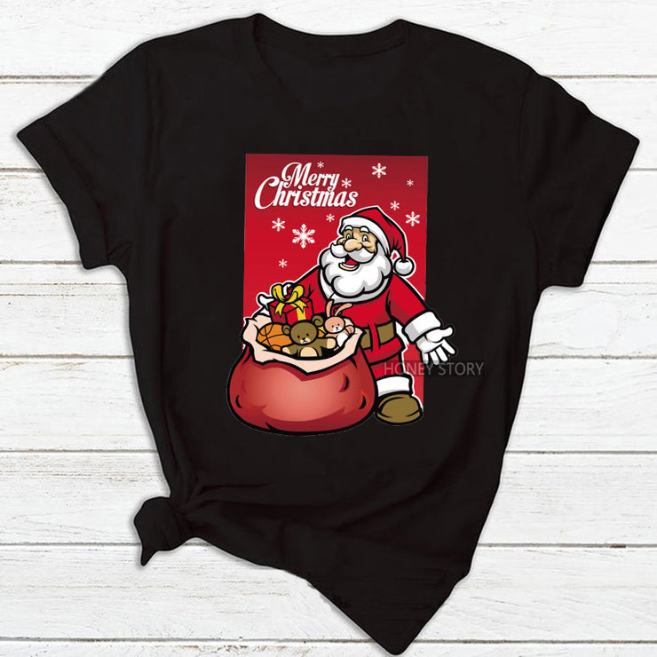 Merry Christmas T Shirt Santa Elk Men''s And Women''s Red Couple Short Sleeve Top