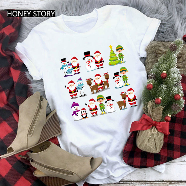 Merry Christmas T Shirt Santa Elk Men''s And Women''s Red Couple Short Sleeve Top