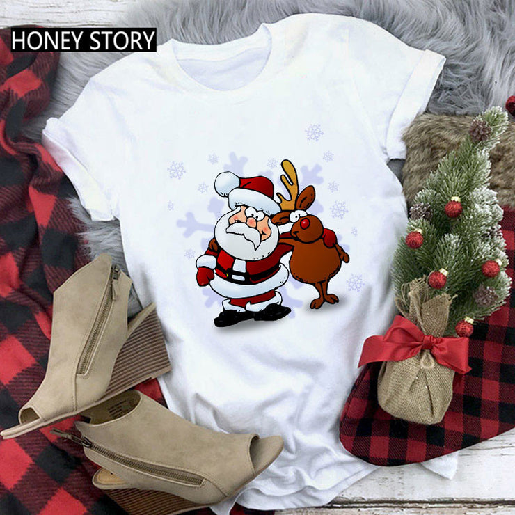 Merry Christmas T Shirt Santa Elk Men''s And Women''s Red Couple Short Sleeve Top