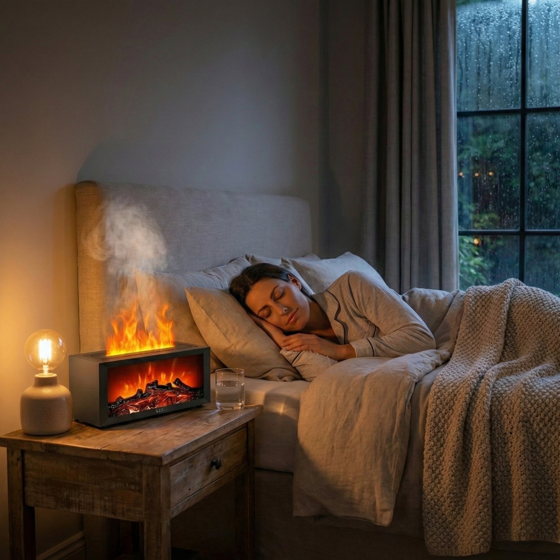 Aromatizador decorativo con efecto hoguera y luces LED cambiables.