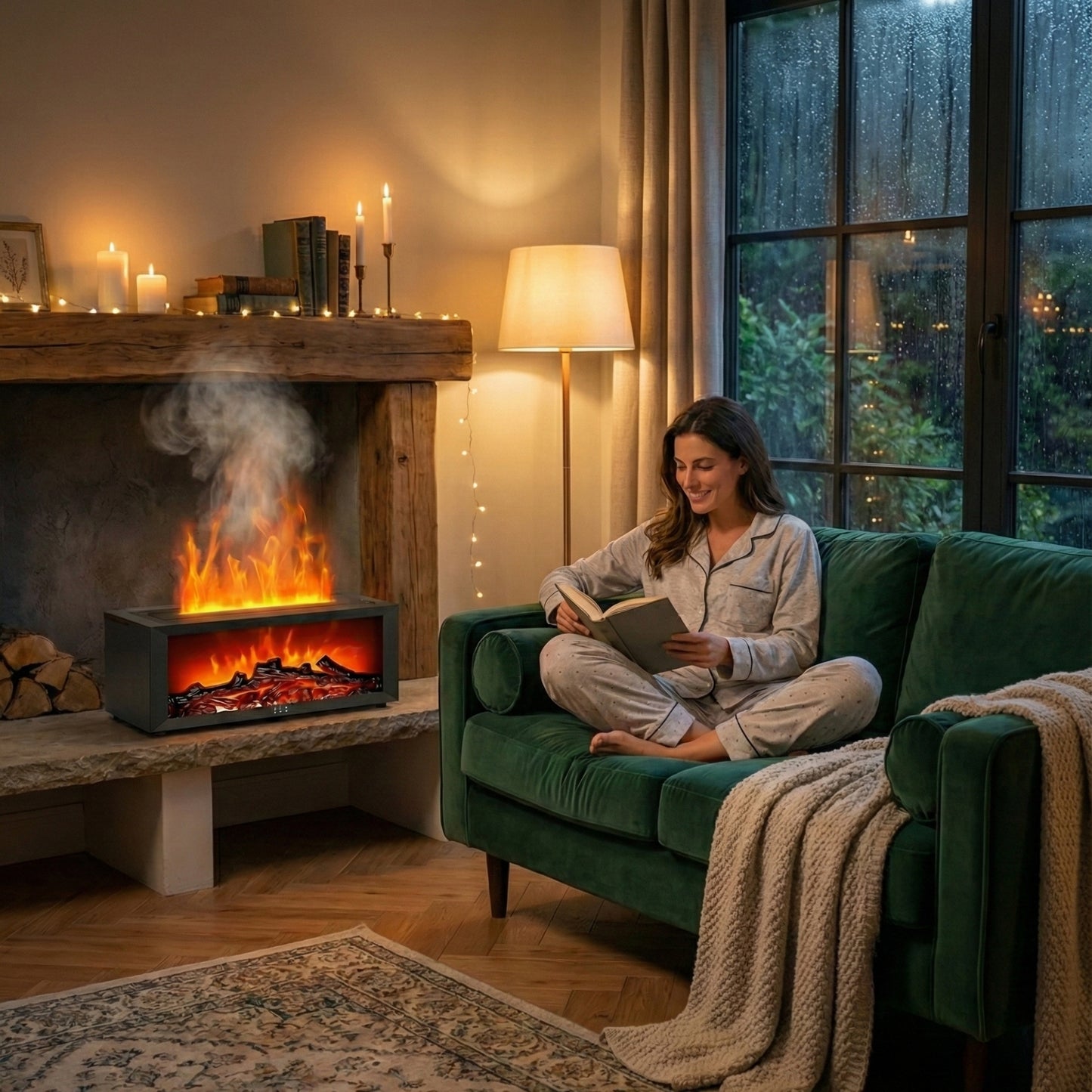 Aromatizador decorativo con efecto hoguera y luces LED cambiables.